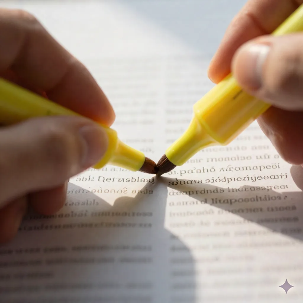 Close-up of a hand holding a highlighter pen over a printed page with the text out of focus