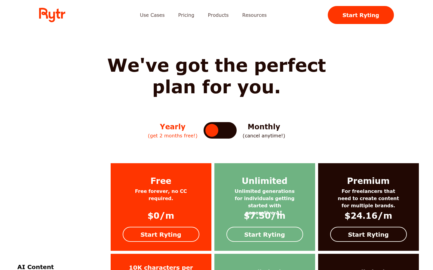 Rytr pricing page comparing Free, Unlimited, and Premium plans