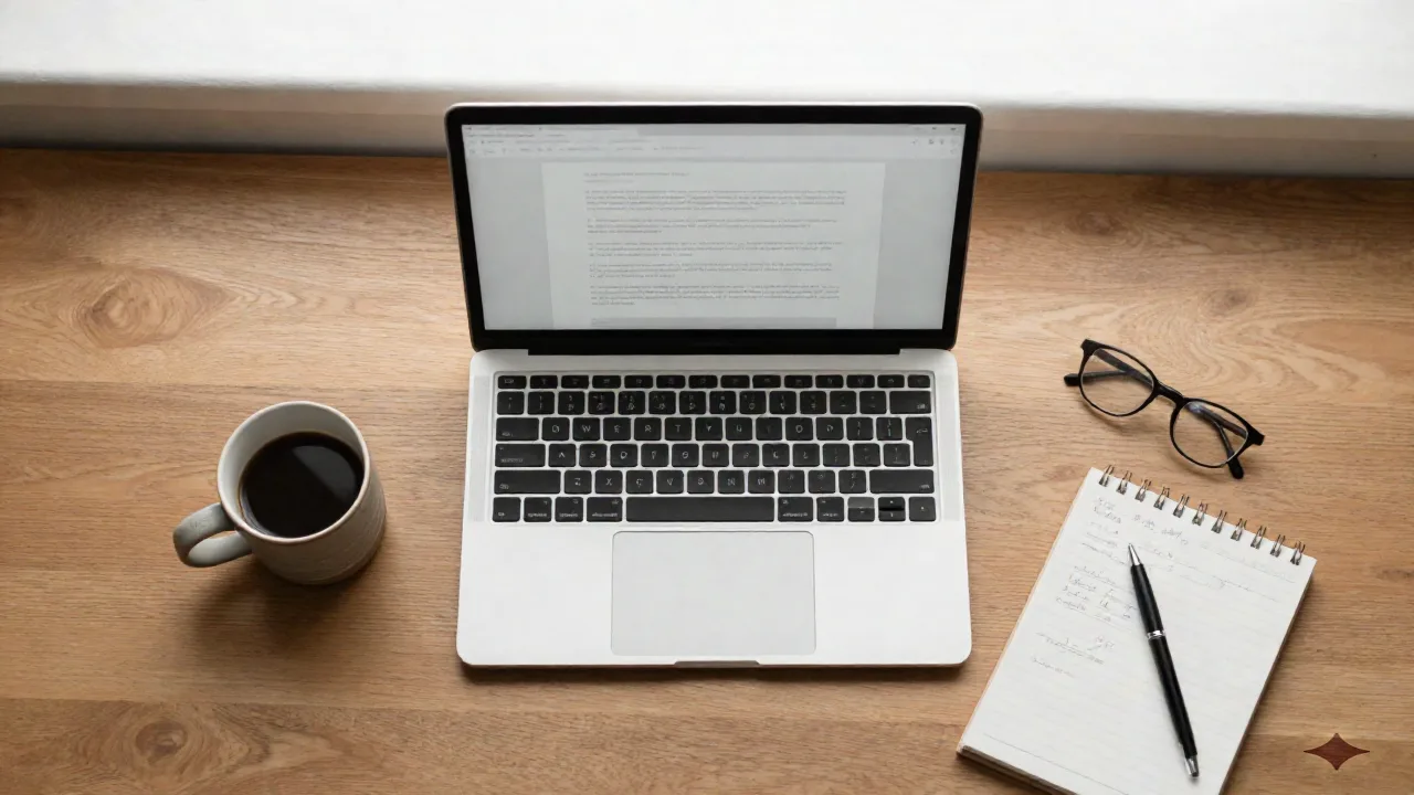 Espacio de trabajo profesional con portátil, café y libreta para escritura de currículum