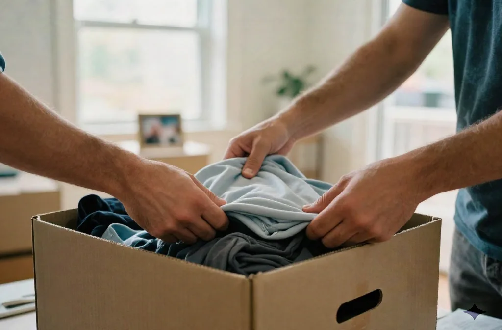 Close-up of hands packing a moving box in a bright apartment, representing a candidate relocating for a new job