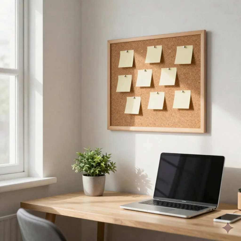 Bright home office corner with a cork board, a closed laptop, and a small plant in morning light
