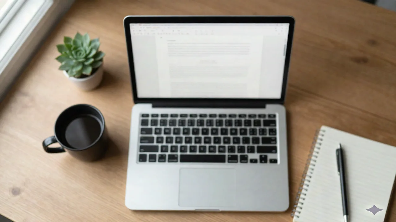 Overhead flat lay of a desk with a laptop, coffee, and notebook set up for a job search session