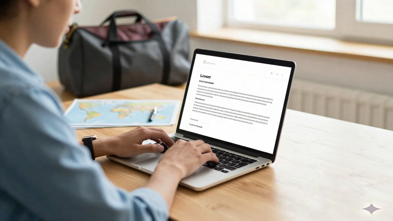 Eine Bewerberin schreibt an einem hellen Schreibtisch an einem Anschreiben, im Hintergrund eine gefaltete Landkarte und eine Reisetasche als Sinnbild für eine Jobsuche mit Umzug