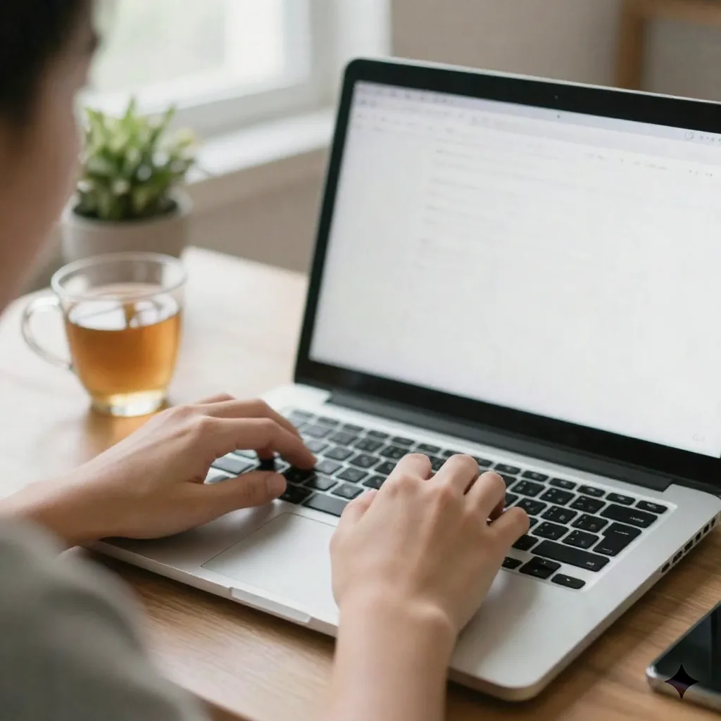 Hands typing on a laptop keyboard at a home desk with a cup of tea nearby