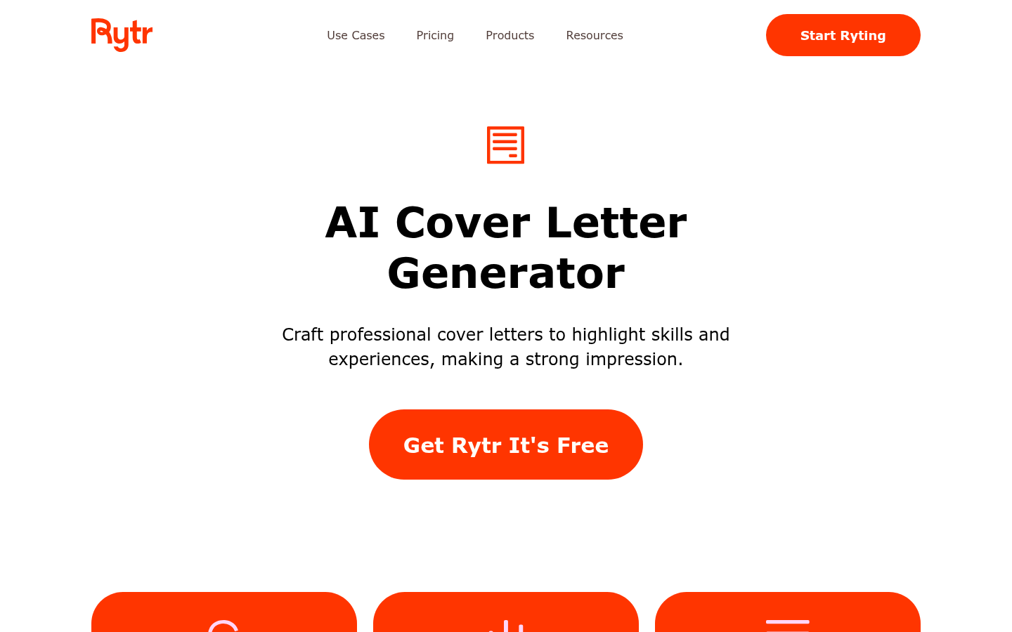 Rytr's AI Cover Letter Generator interface showing language, tone, and job description input steps