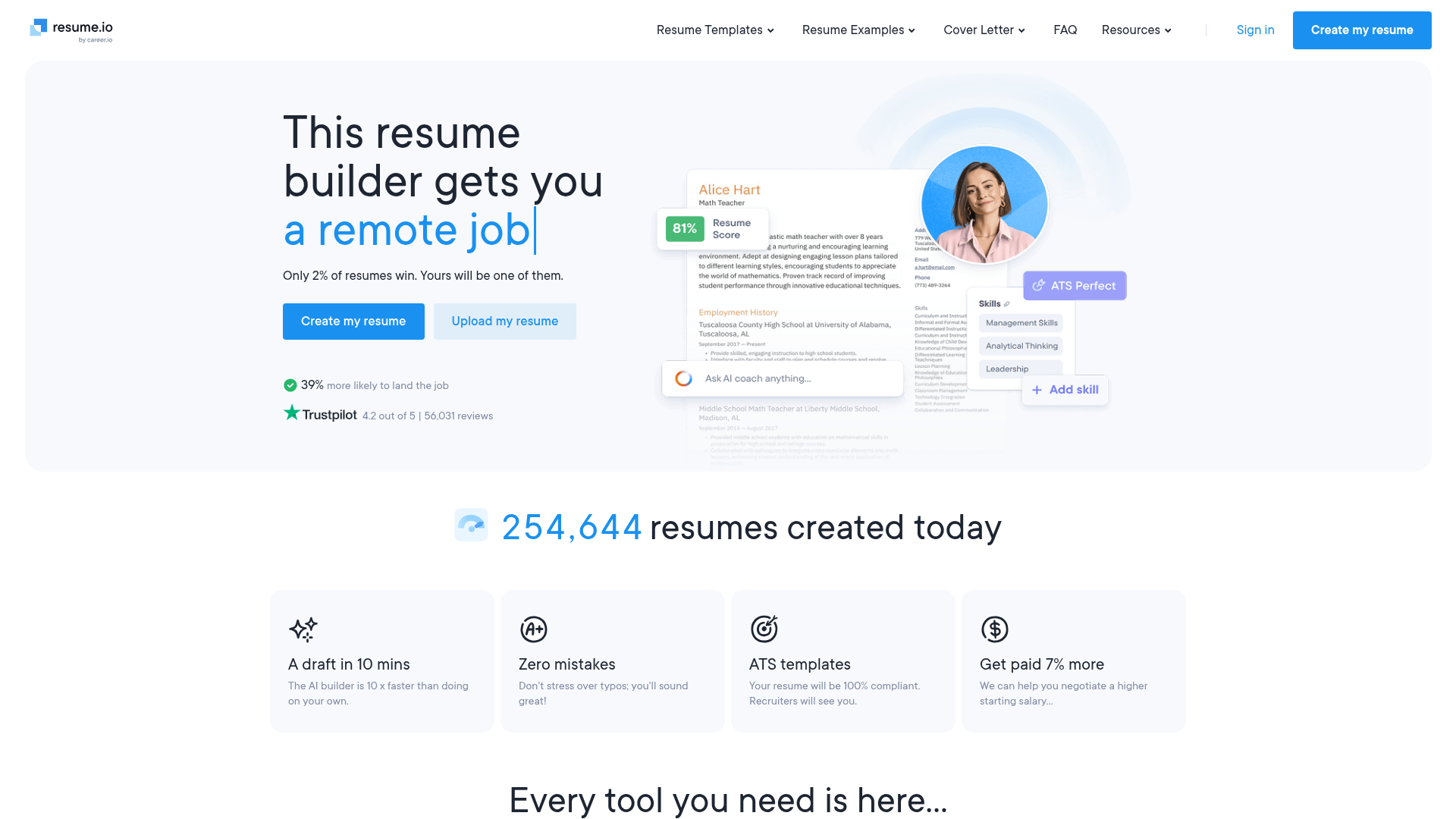 Resume.io Homepage zeigt den Lebenslauf-Builder Editor, ATS Perfect Badge und Trustpilot 4,2 von 5 Bewertung von 56.031 Bewertungen