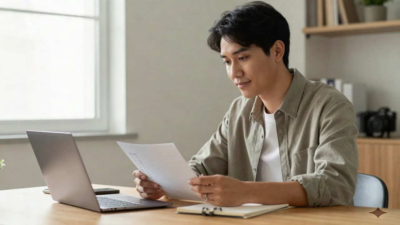 Person reviewing a handwritten job application checklist next to a laptop at a bright home office desk