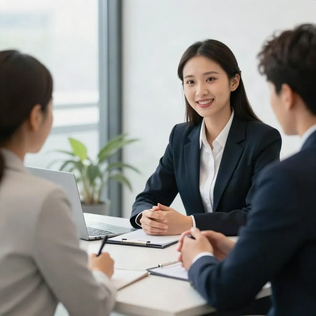 Job interview scene with recruiter and candidate in a bright modern office