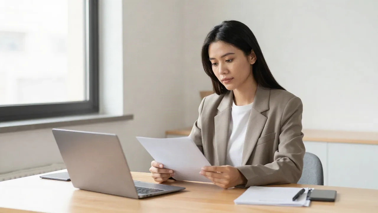 Professional woman preparing for a job interview at a modern desk