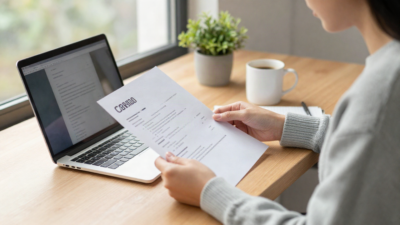 Person reviewing a printed resume at a sunlit desk while making a career change