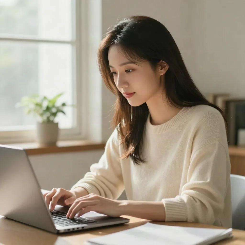 Young professional typing a job application at a home desk in warm afternoon light