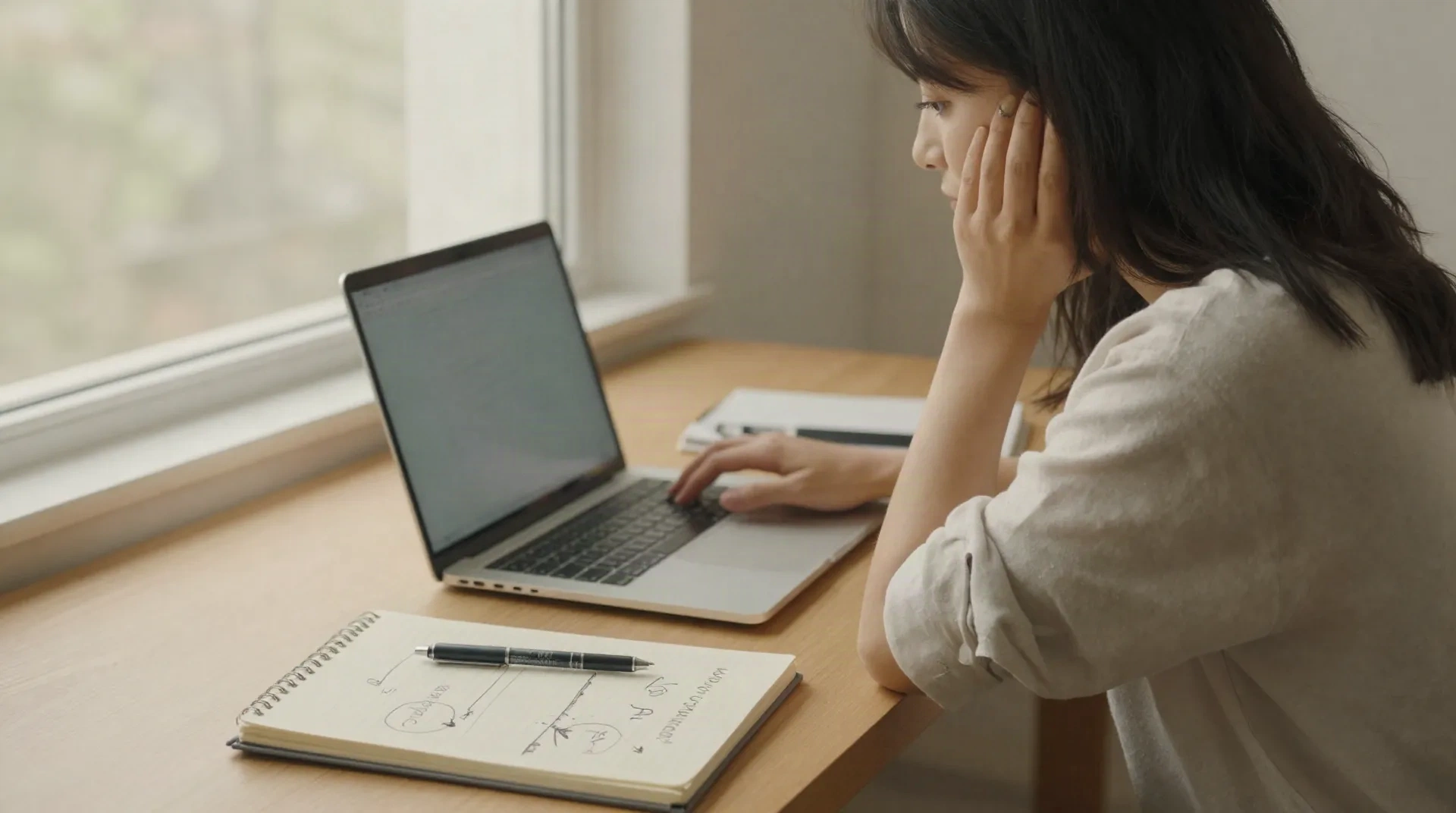 Person reviewing career notes and a laptop while thinking through next career steps