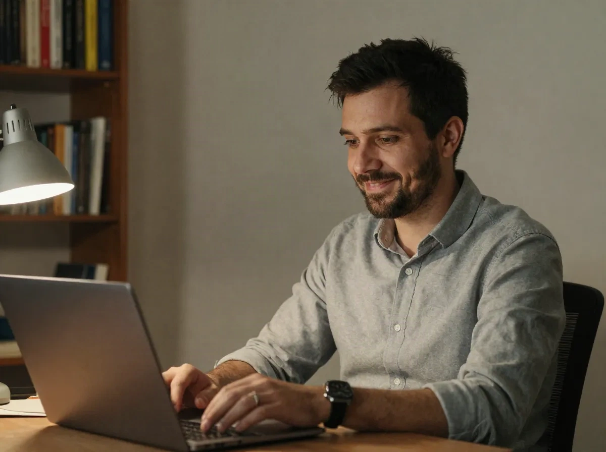 Career changer working on a laptop at a home desk while planning a move into a new field