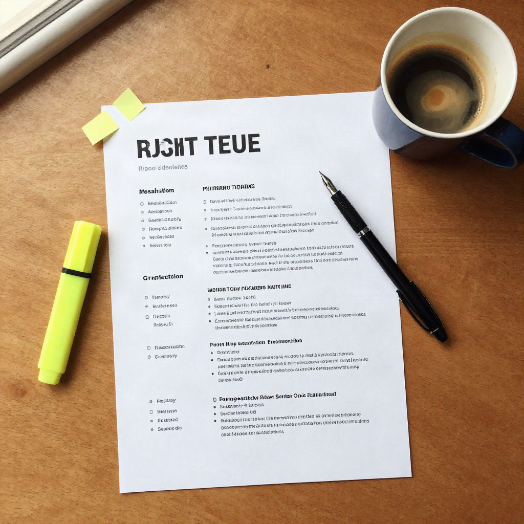 Flat-lay of a resume marked up with a highlighter and sticky notes on a desk