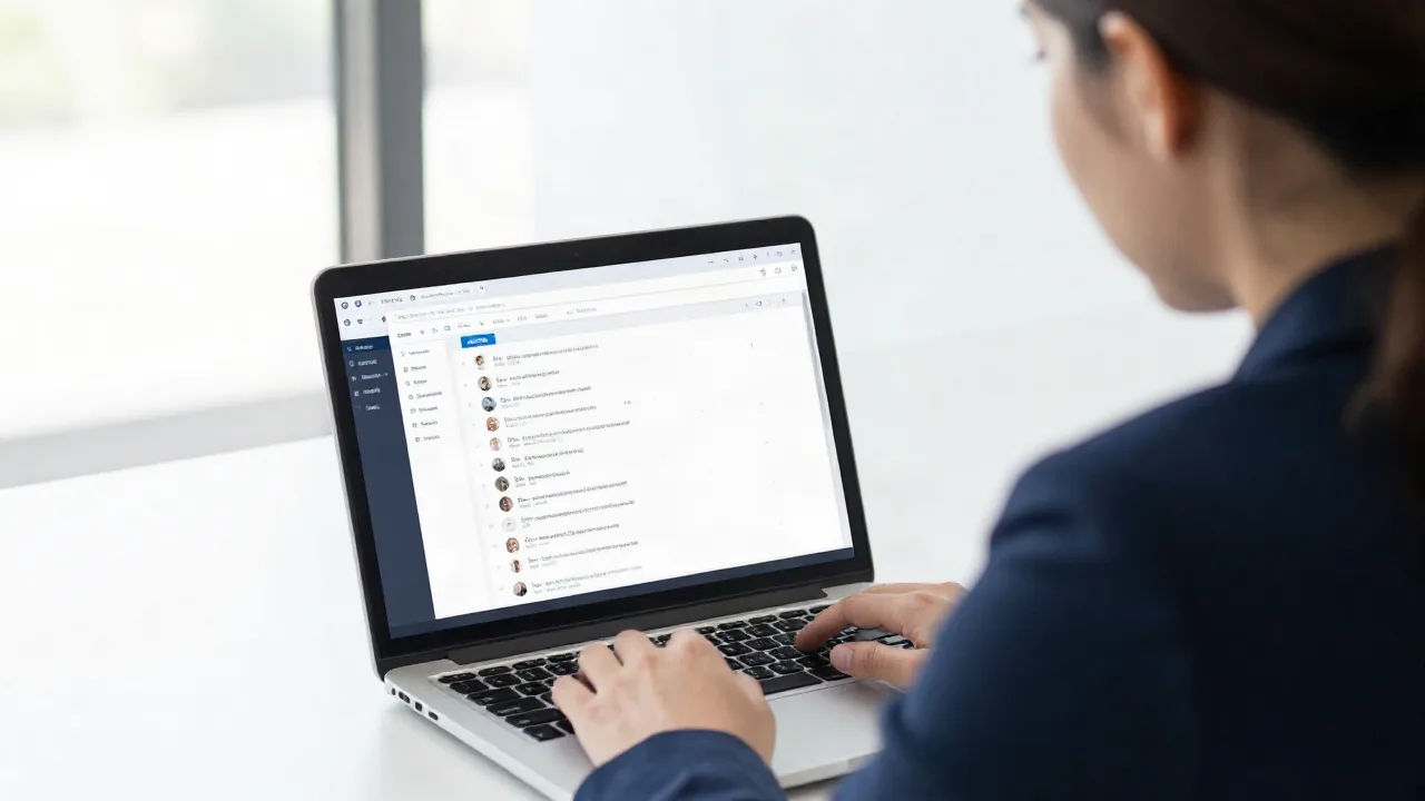 Recruiter reviewing a ranked list of candidate profiles on a laptop in a bright office