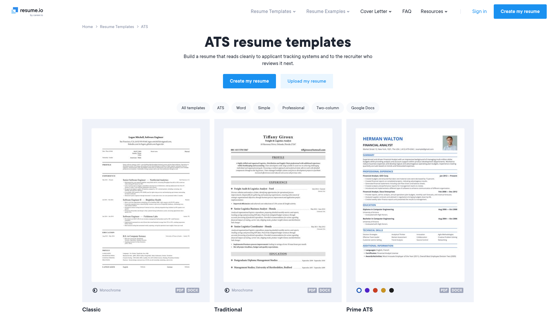 Resume.io ATS resume template gallery including the Prime ATS layout used in the parsing test