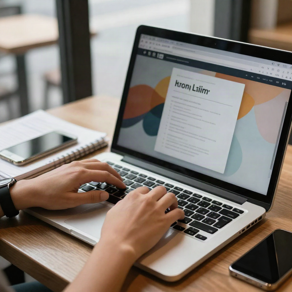 Hands typing on a laptop at a cafe table with a job listing open and handwritten notes nearby
