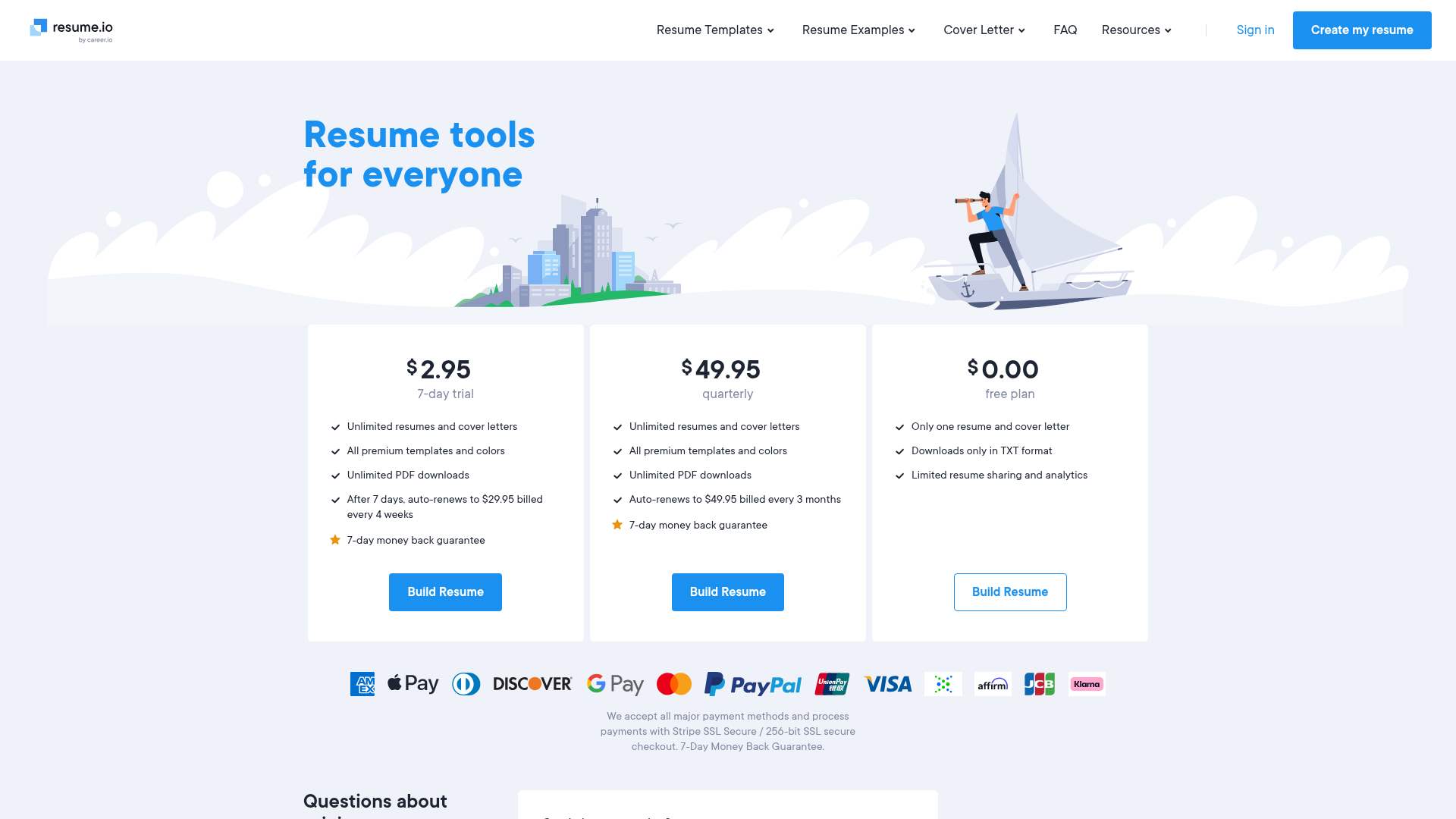 Resume.io pricing page showing the 2.95 dollar trial, 49.95 dollar quarterly plan and free plan limits