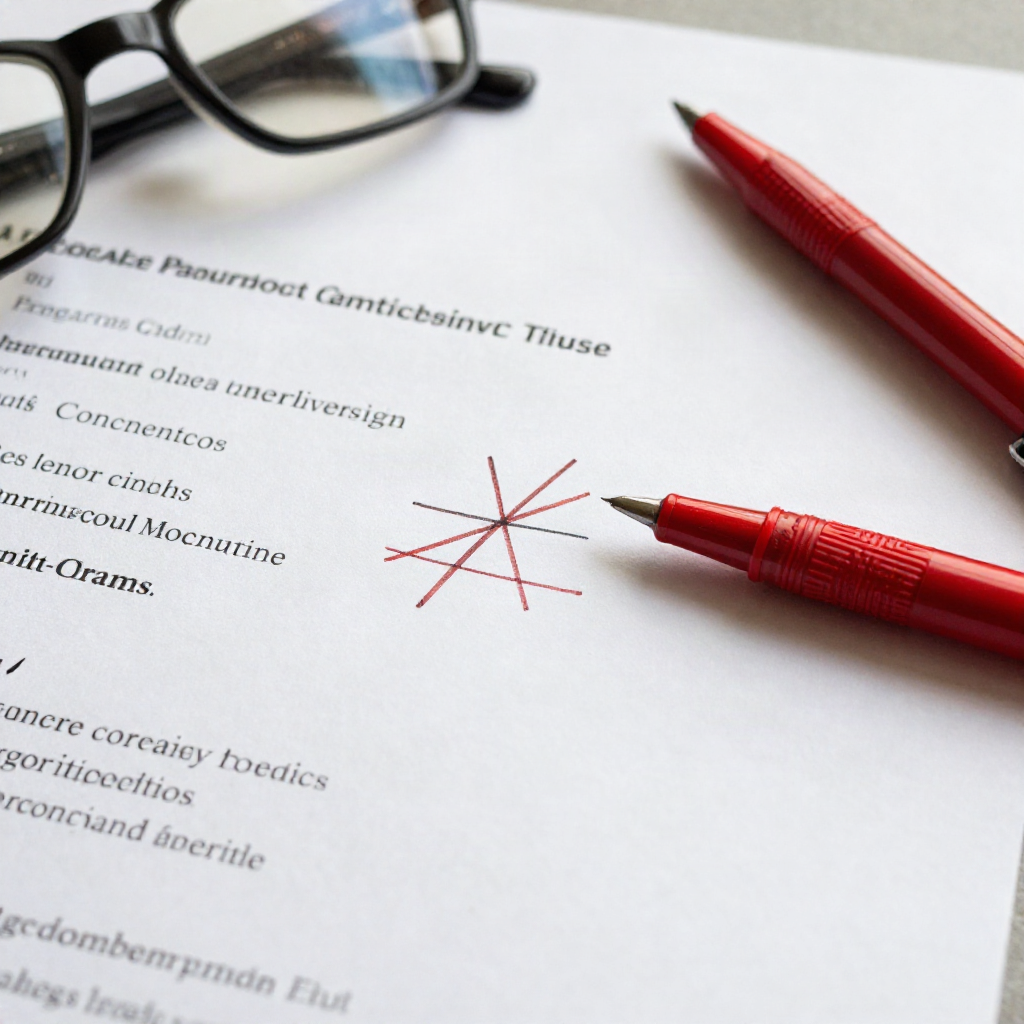 Printed resume page with several lines crossed out in red pen and reading glasses on top