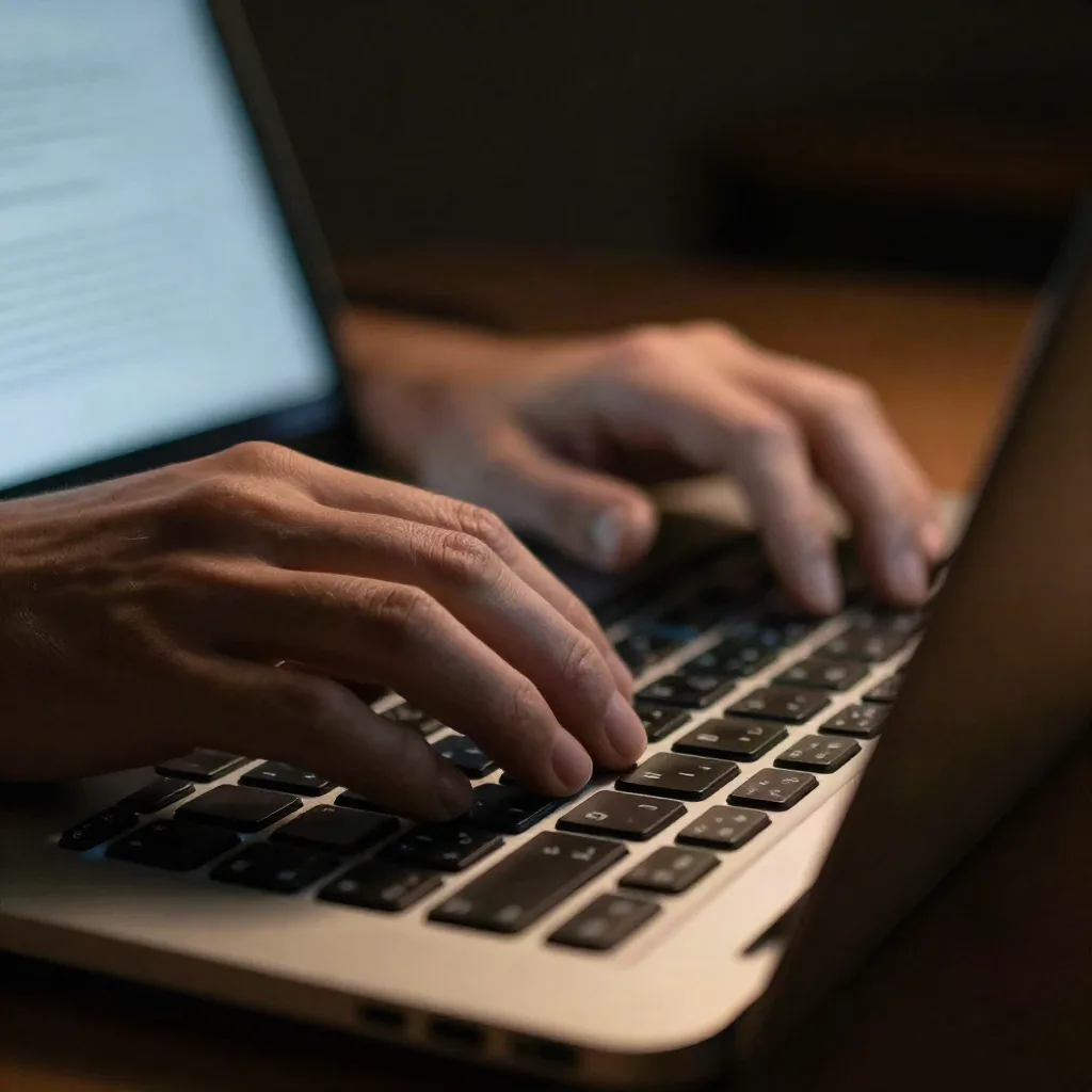 Close-up of hands typing on a keyboard with a document blurred on screen