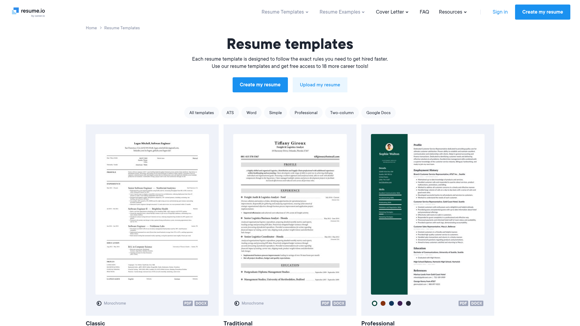 Resume.io template gallery used to test the mid-level engineer resume draft