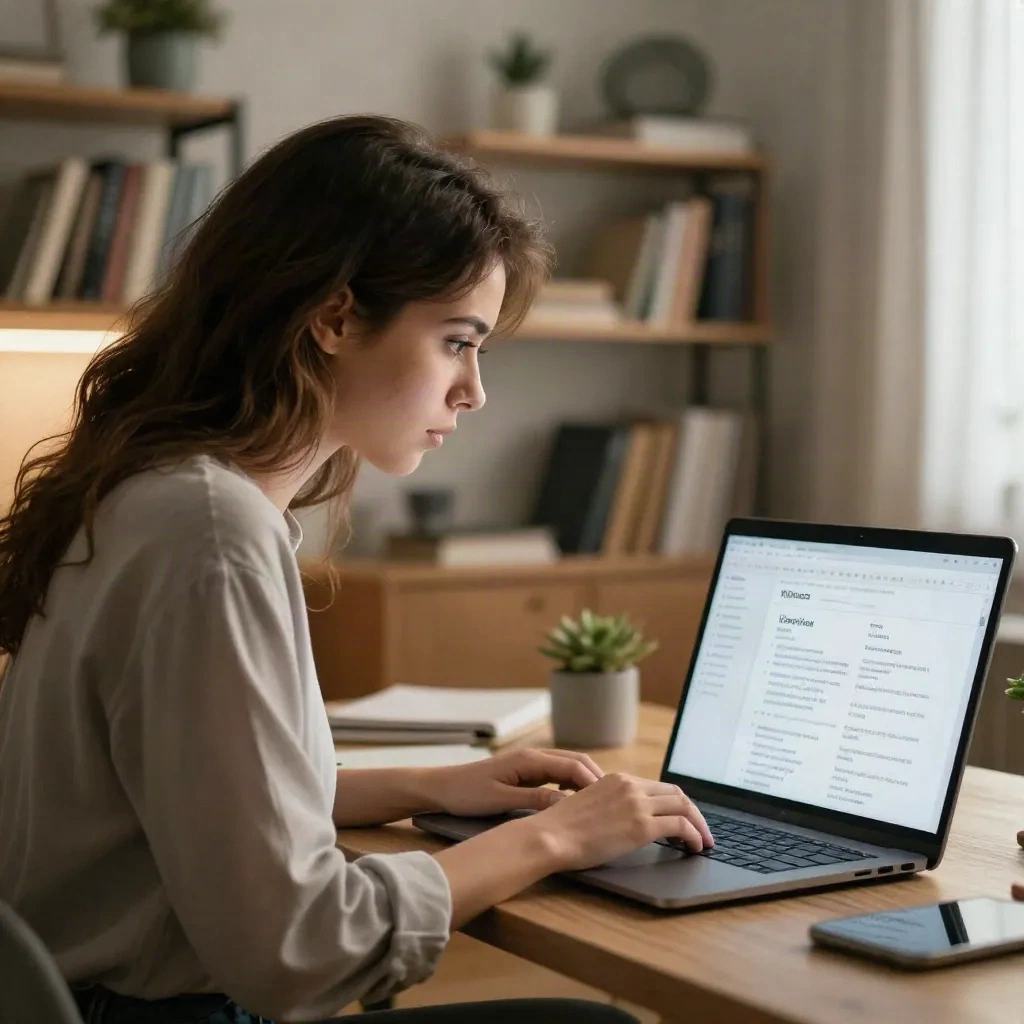 Young professional woman reviewing her resume on a laptop at home
