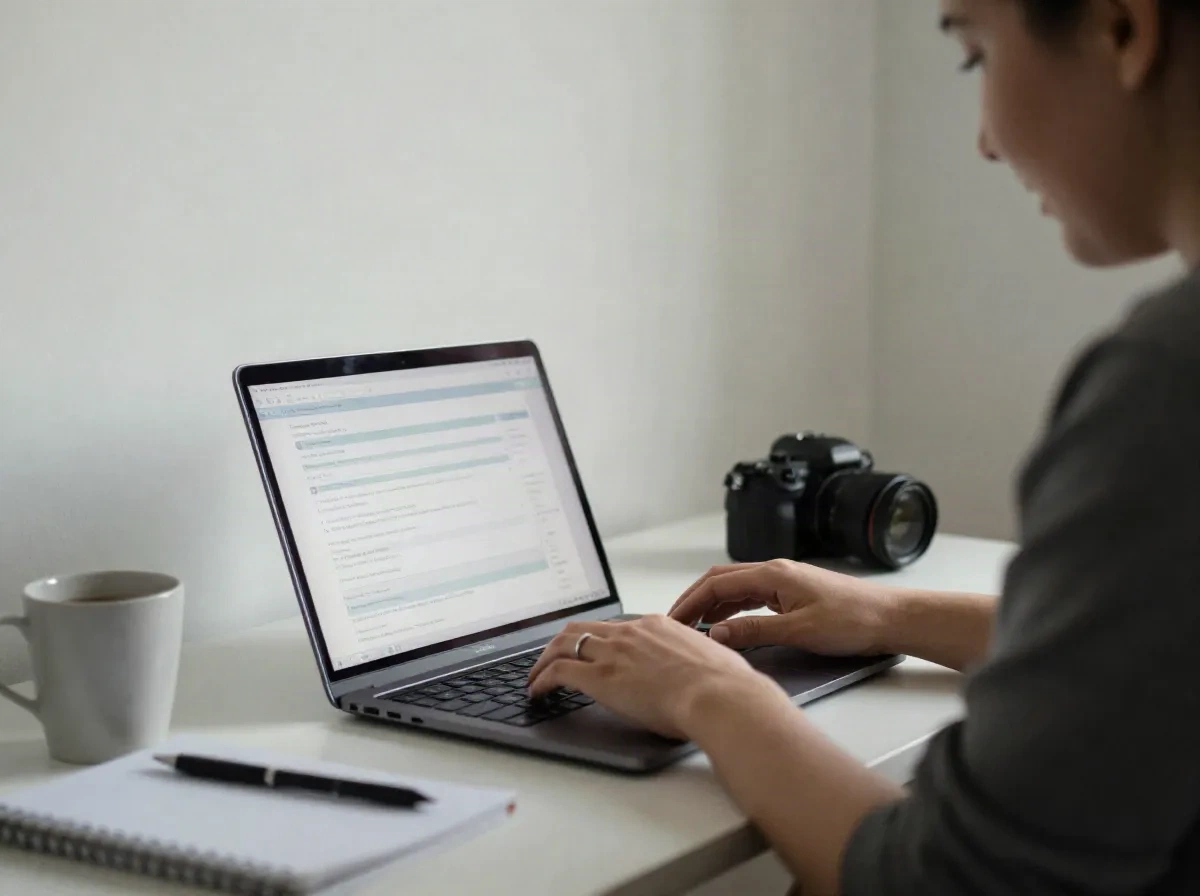 Person typing on a laptop at a home desk, applying to a job online