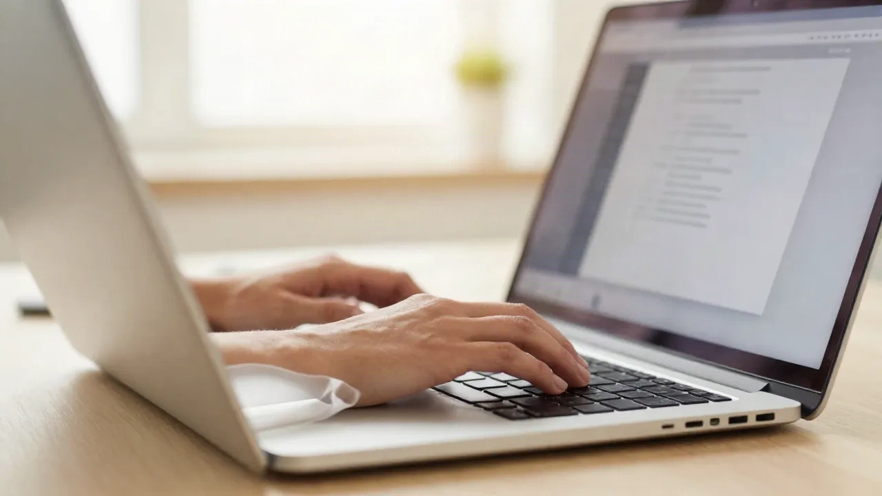Nahaufnahme von Händen, die auf einer Laptop-Tastatur tippen und eine LinkedIn-Überschrift schreiben