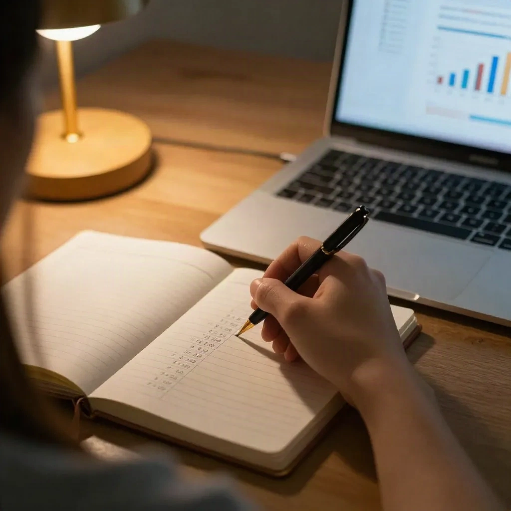 Prise de notes pendant la recherche de données salariales avant de demander une augmentation