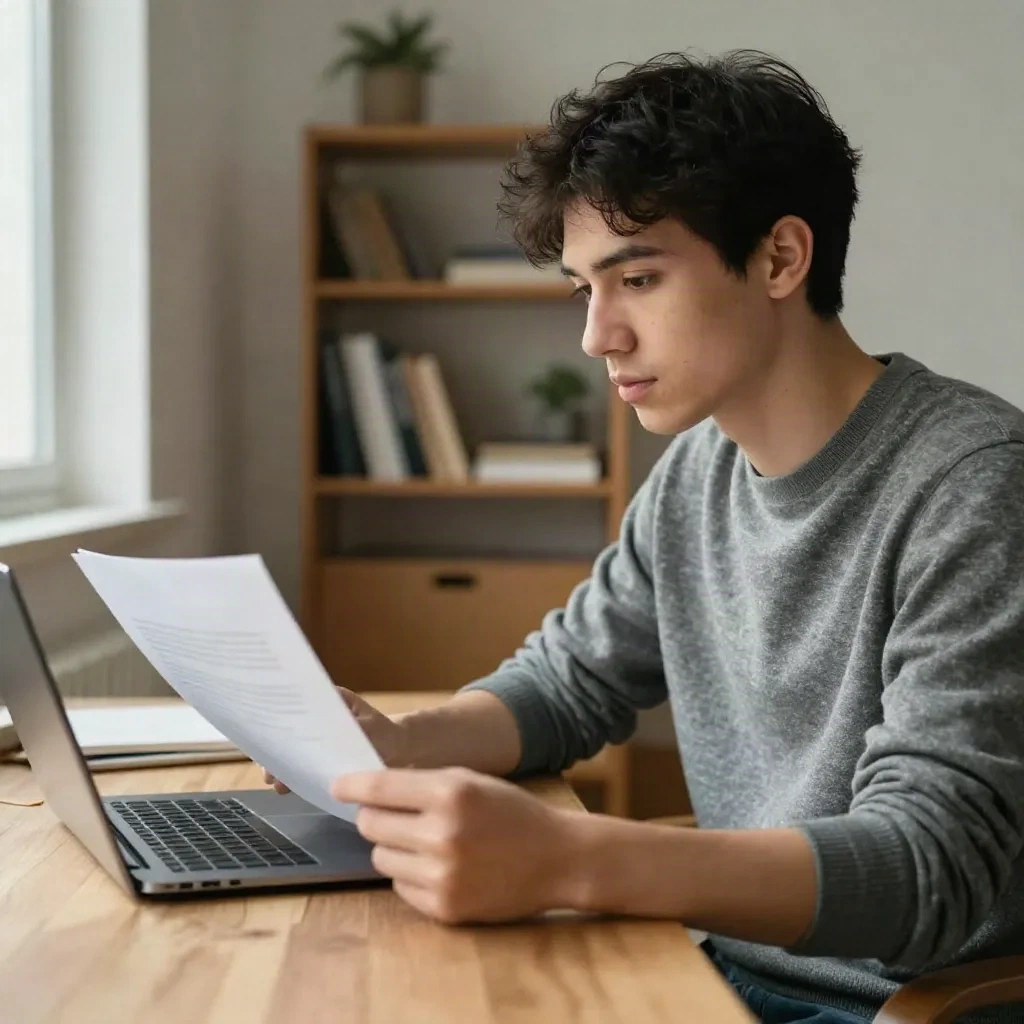 Job candidate comparing printed cover letter to job description on screen