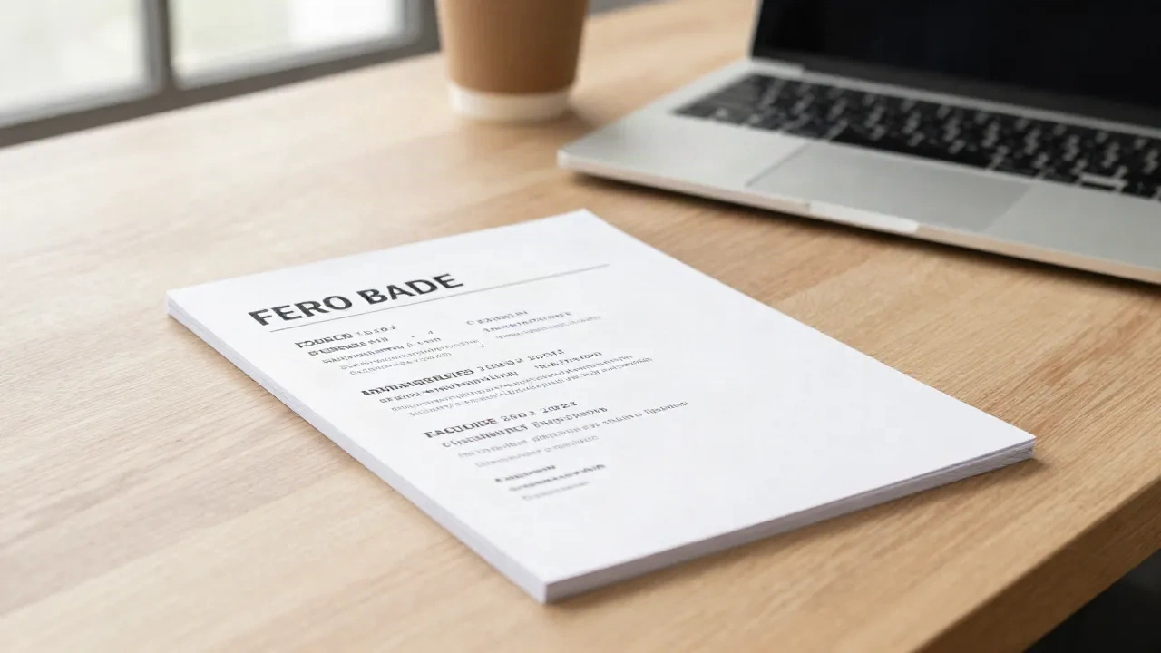 Professional resume document on a wooden desk with laptop and coffee cup in background