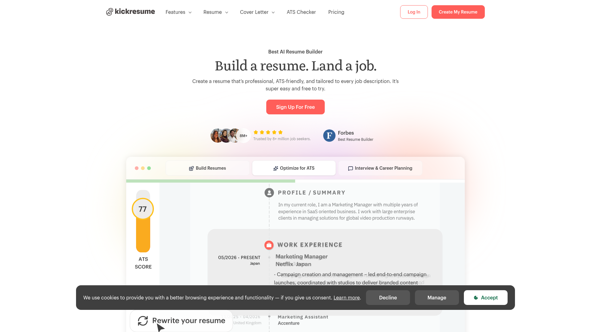 Kickresume-Homepage zeigt den KI-gestützten Lebenslauf-Builder mit Live ATS-Score-Widget
