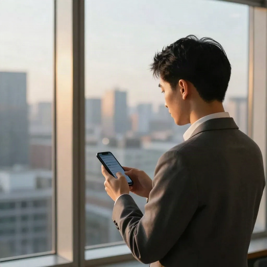 Person checking a professional profile on a smartphone near an office window