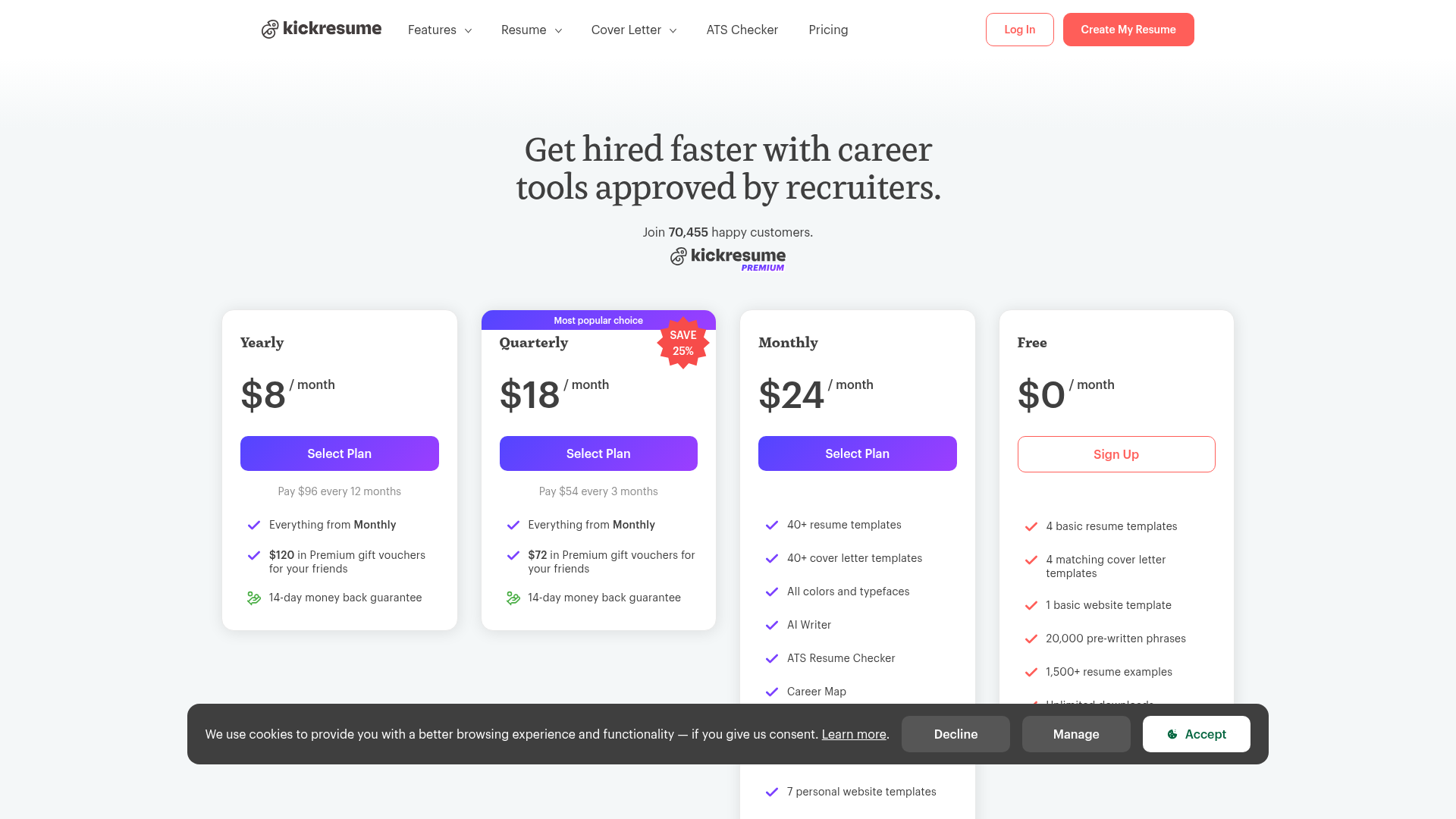 Page de tarification Kickresume comparant les forfaits Gratuit, Mensuel, Trimestriel et Annuel