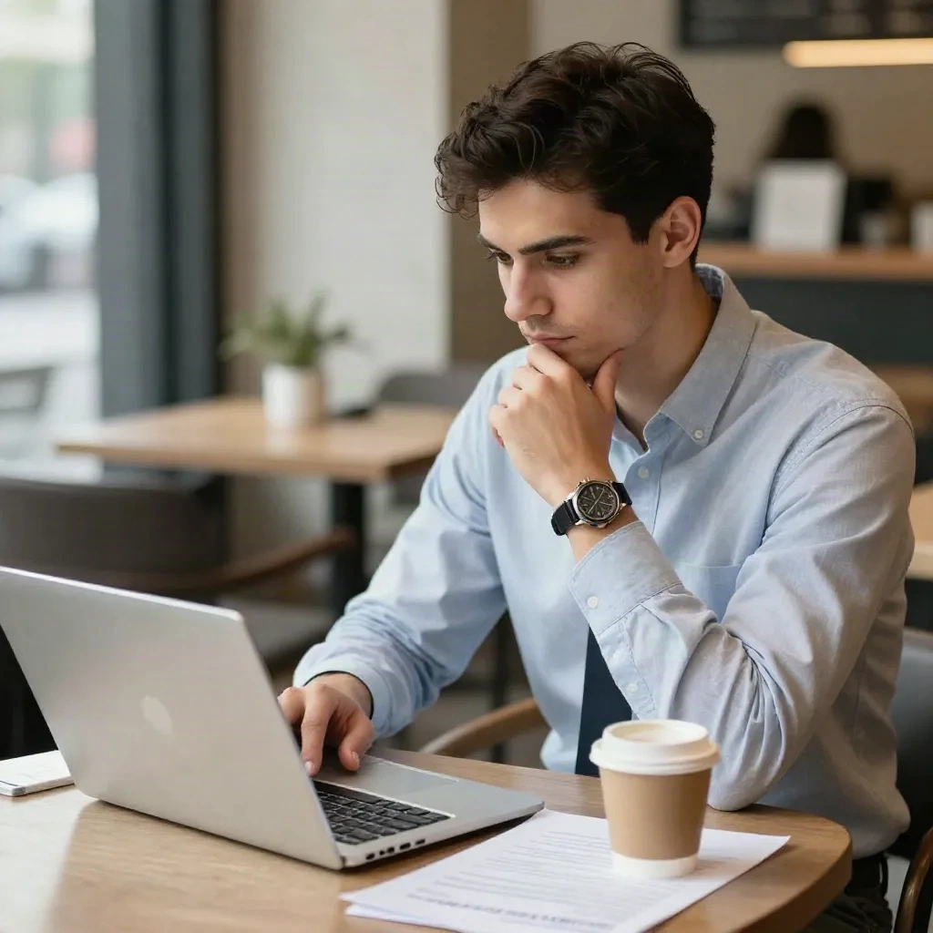 Job seeker at a cafe table reviewing a cover letter on a laptop