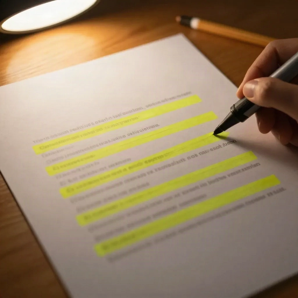 Mãos destacando palavras-chave em uma descrição de vaga impressa com um marca-texto amarelo
