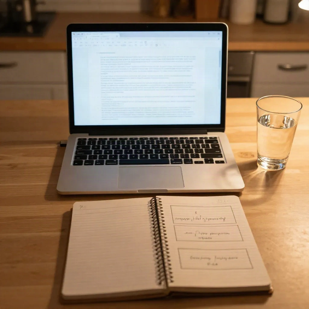 Notebook e um esboço escrito à mão em três partes sobre uma mesa de cozinha, enquanto alguém redige uma carta de apresentação