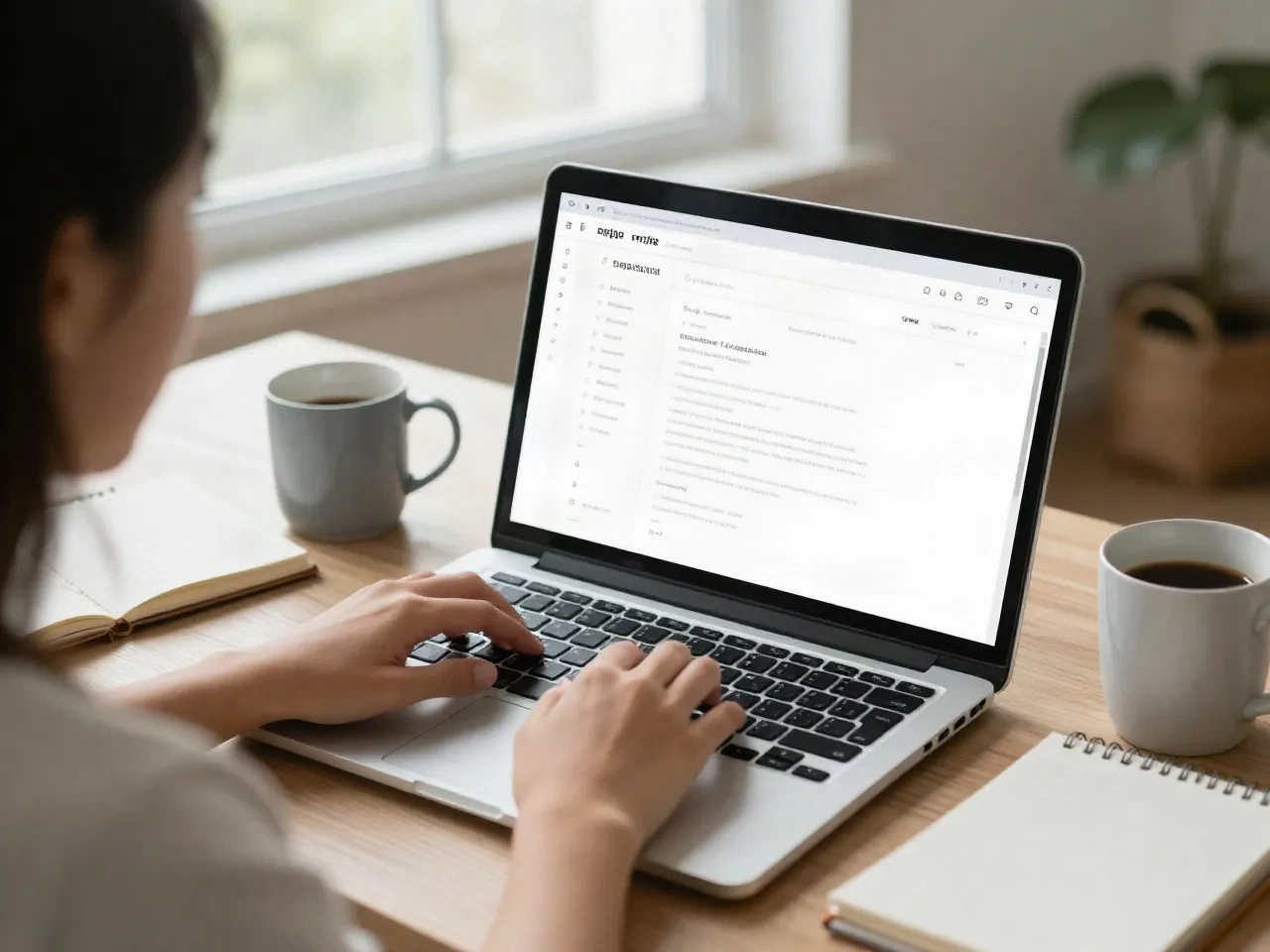 Kandidaat die een sollicitatiebrief typt op een laptop in een lichte thuiskantoor