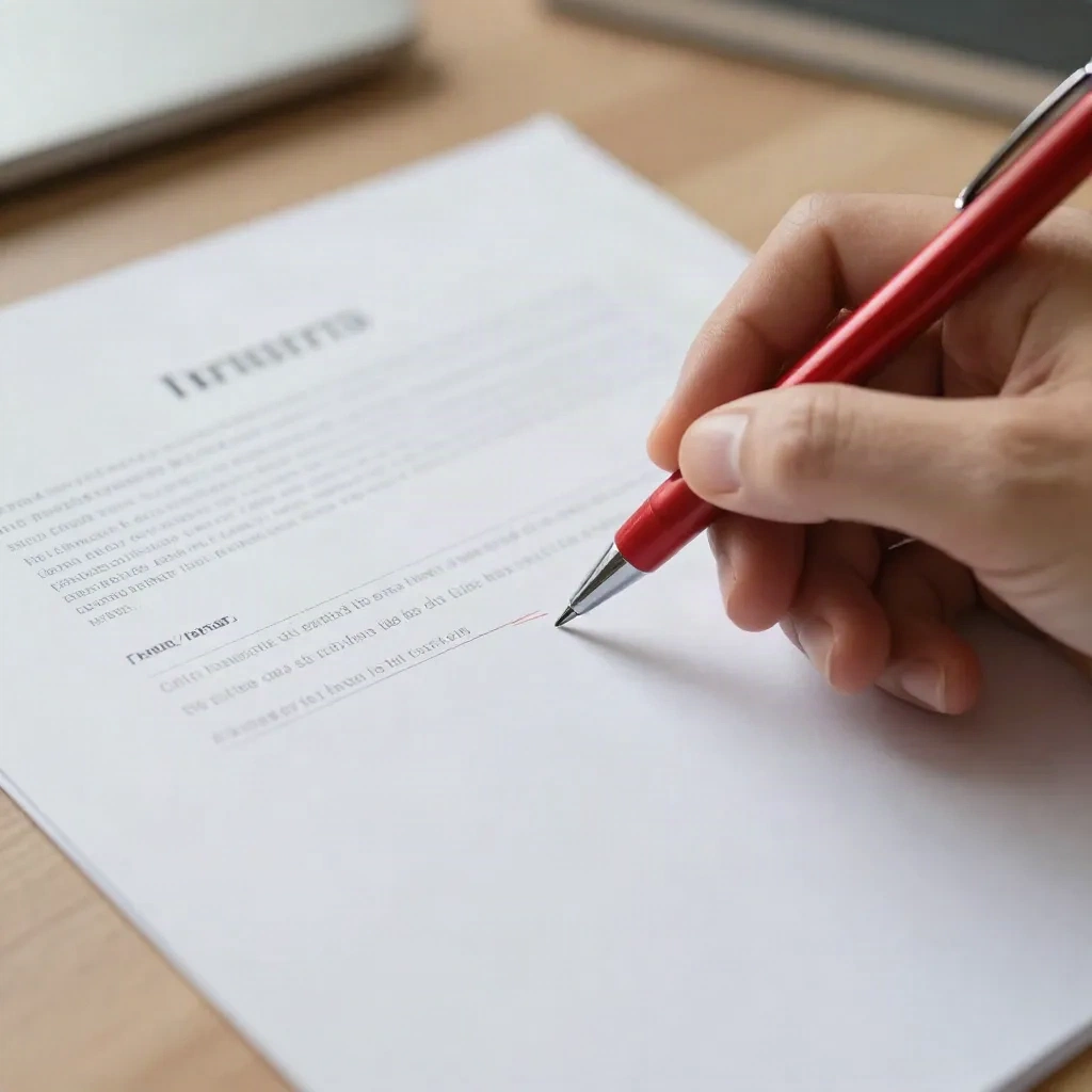 Hand marking up a printed one page letter with a red pen