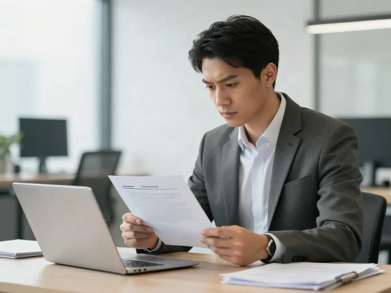 Recruiter die een brief van een pagina leest aan een bureau