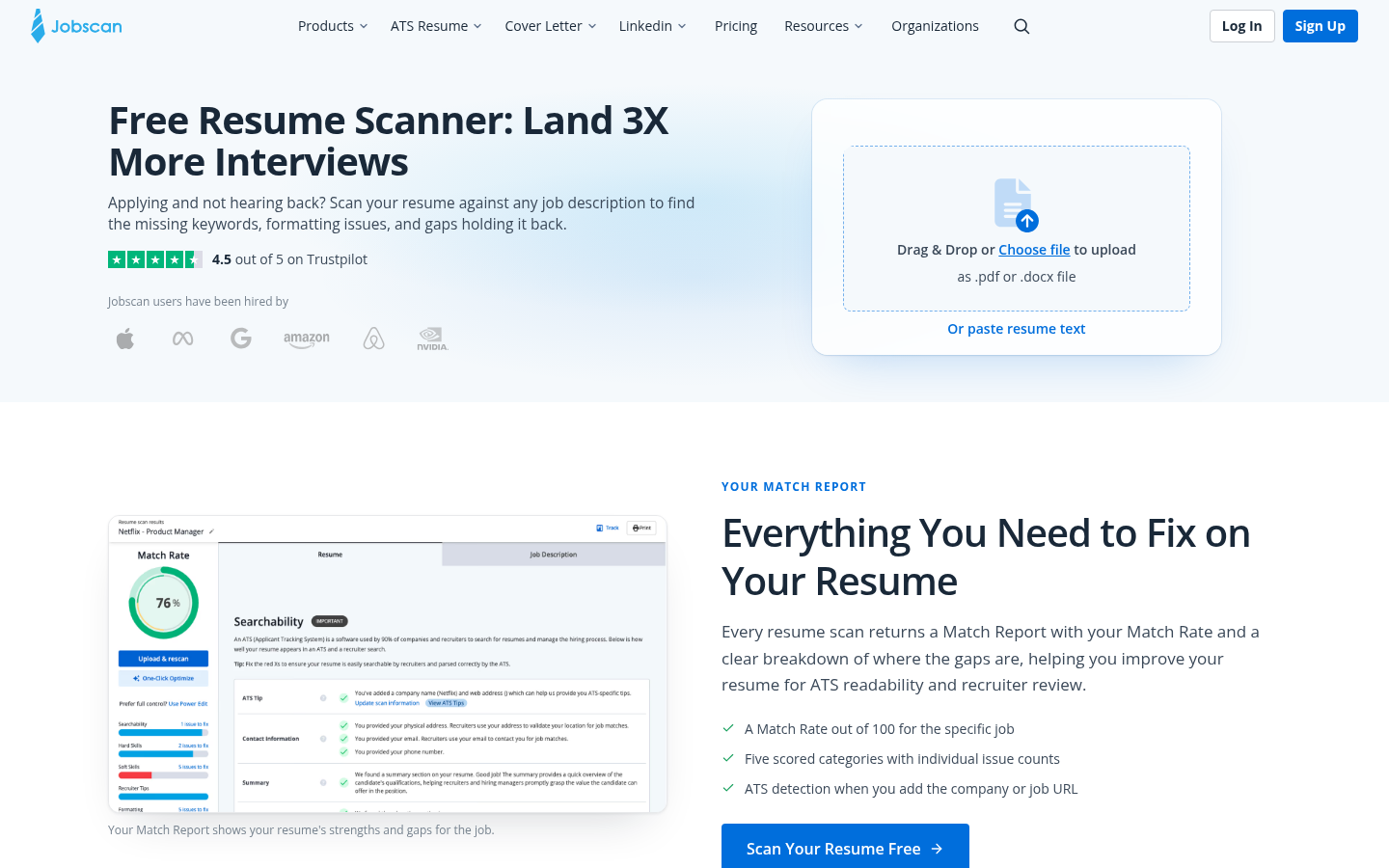 Page du scanner gratuit de CV de Jobscan avec zone d'upload et aperçu du rapport