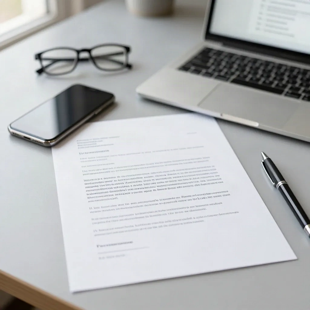 Carta de apresentação finalizada ao lado de um notebook com um rascunho de e-mail, pronta para enviar