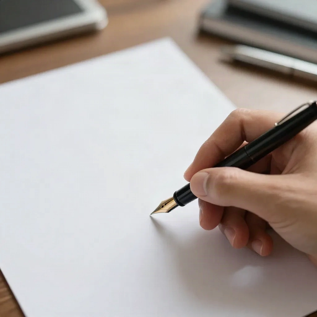 Hand holding a fountain pen above the signature area of a blank letter