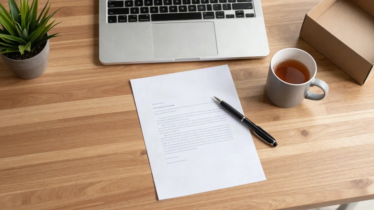 Scrivania con una lettera stampata, una penna, una tazza di tè e una scatola di cartone vuota accanto a un laptop chiuso
