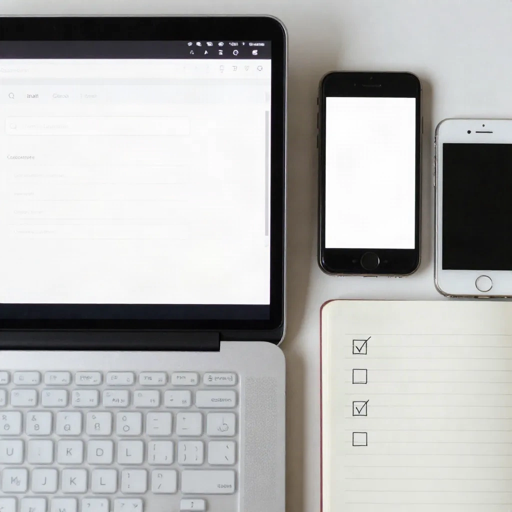 Laptop, phone and a notebook with a three-item checklist on a desk