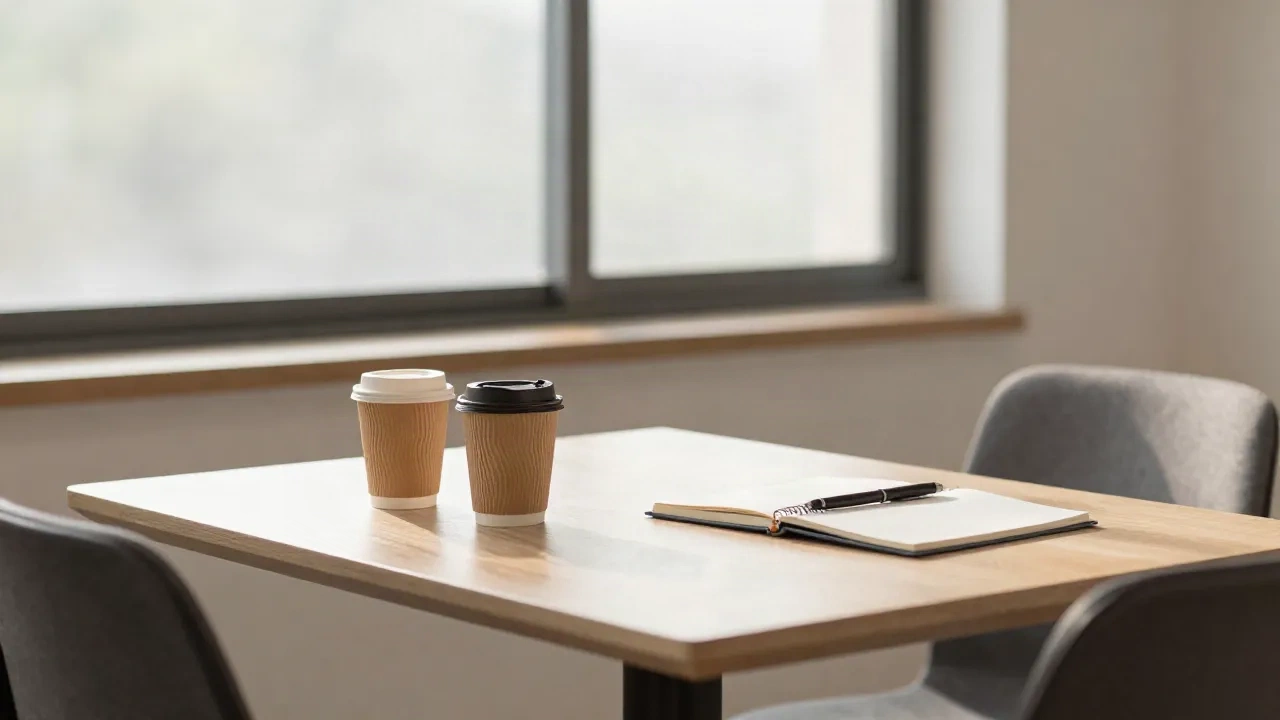 Quiet meeting room with two coffee cups and an open notebook on a table by a window