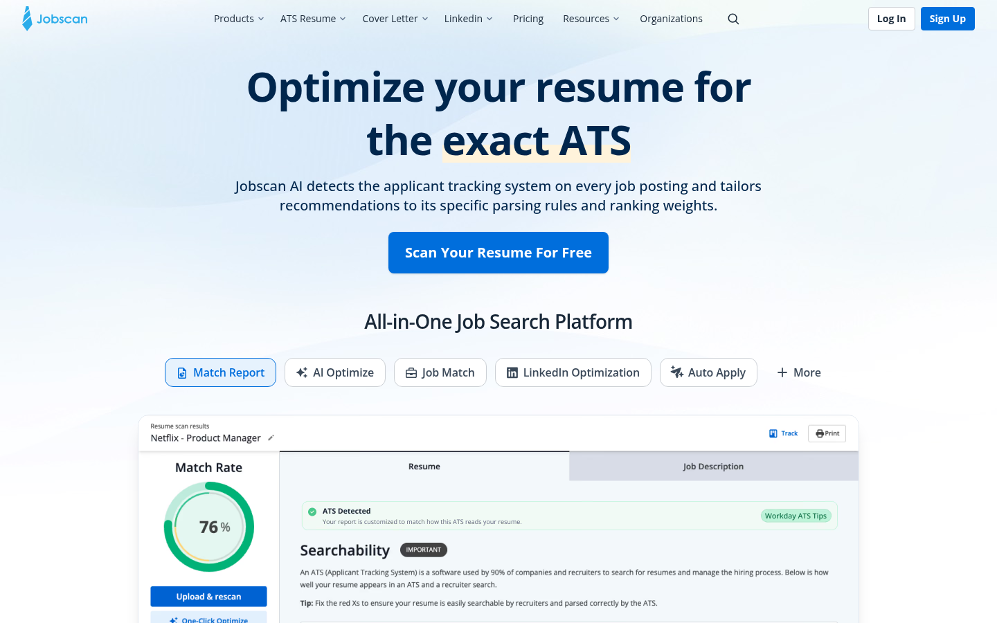 Jobscan-Startseite mit Vorschau des ATS-Match-Berichts