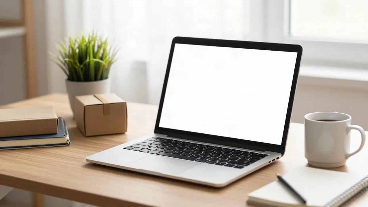 Ordinateur portable avec un document vierge ouvert sur un bureau bien rangé, à côté d'une petite boîte empilée et d'une plante