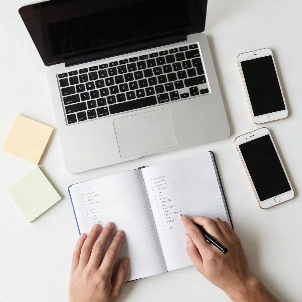 Laptop and notebook with bullet lists and sticky notes on a desk