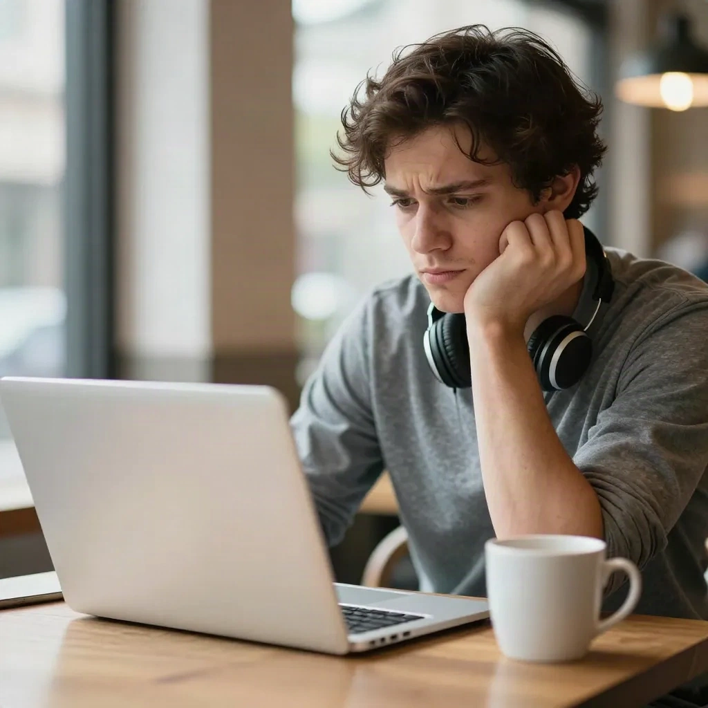 Job candidate relaxing at a cafe table with a laptop after sending an application